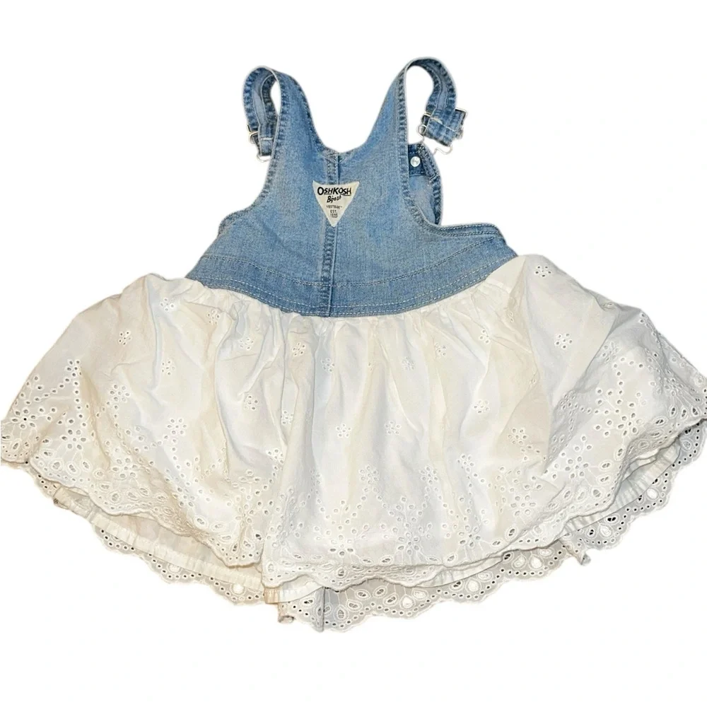 OshKosh B'gosh Toddler Girls Denim Eyelet Lace Overalls Dress Size‎ 24 Months